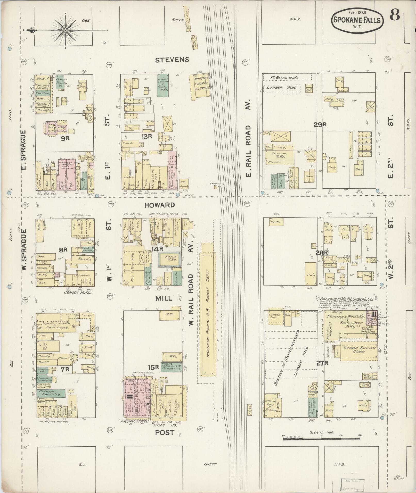 Sanborn Fire Insurance Map from Spokane, Spokane County, Washington (1889), Sheet #0008 - Historic Sanborn Fire Insurance Map Print, vintage old map wall art, antique decor, genealogy gift, Washington Washington map