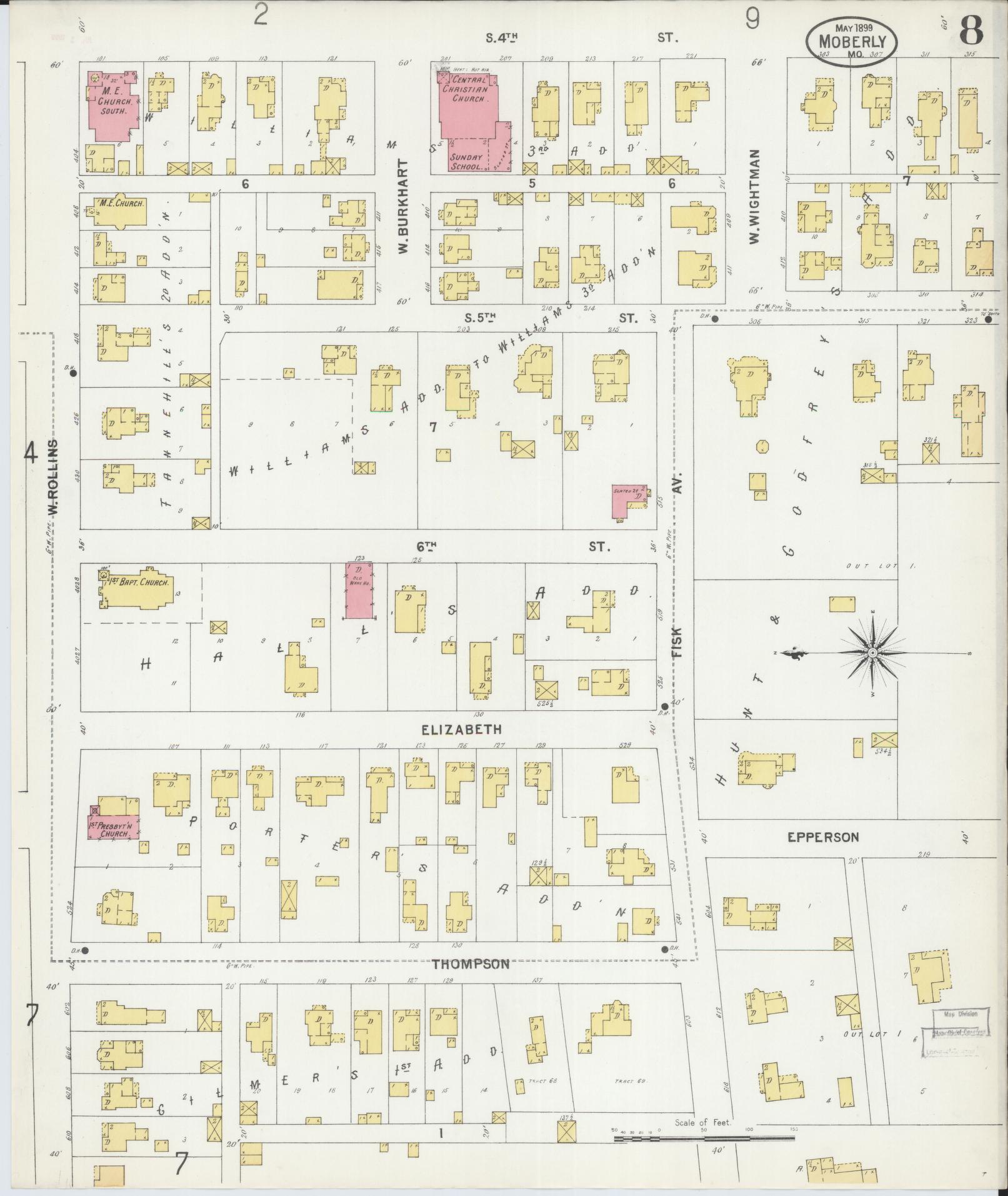 Sanborn Fire Insurance Map from Moberly, Randolph County, Missouri (1899), Sheet #0008 - Historic Sanborn Fire Insurance Map Print, vintage old map wall art, antique decor, genealogy gift, Missouri Missouri map
