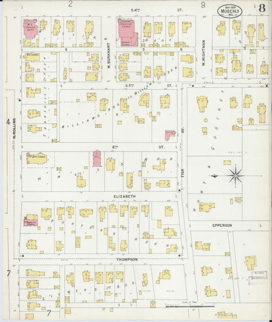 Sanborn Fire Insurance Map from Moberly, Randolph County, Missouri (1899), Sheet #0008 - Historic Sanborn Fire Insurance Map Print, vintage old map wall art, antique decor, genealogy gift, Missouri Missouri map