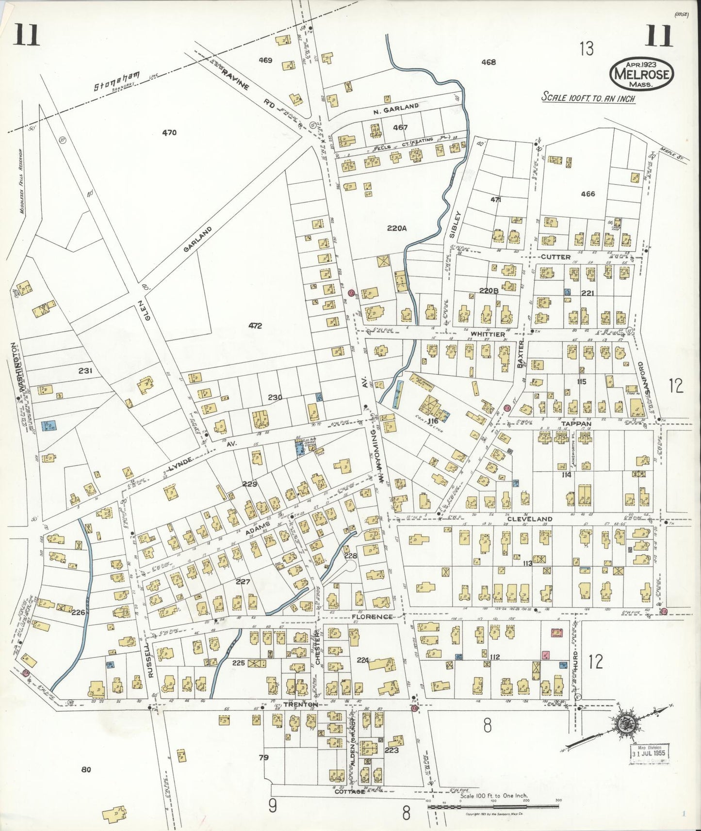 Sanborn Fire Insurance Map from Melrose, Middlesex County, Massachusetts (1923), Sheet #0011 - Complete Map Set gallery image, historic Sanborn map, vintage wall art, Massachusetts Massachusetts
