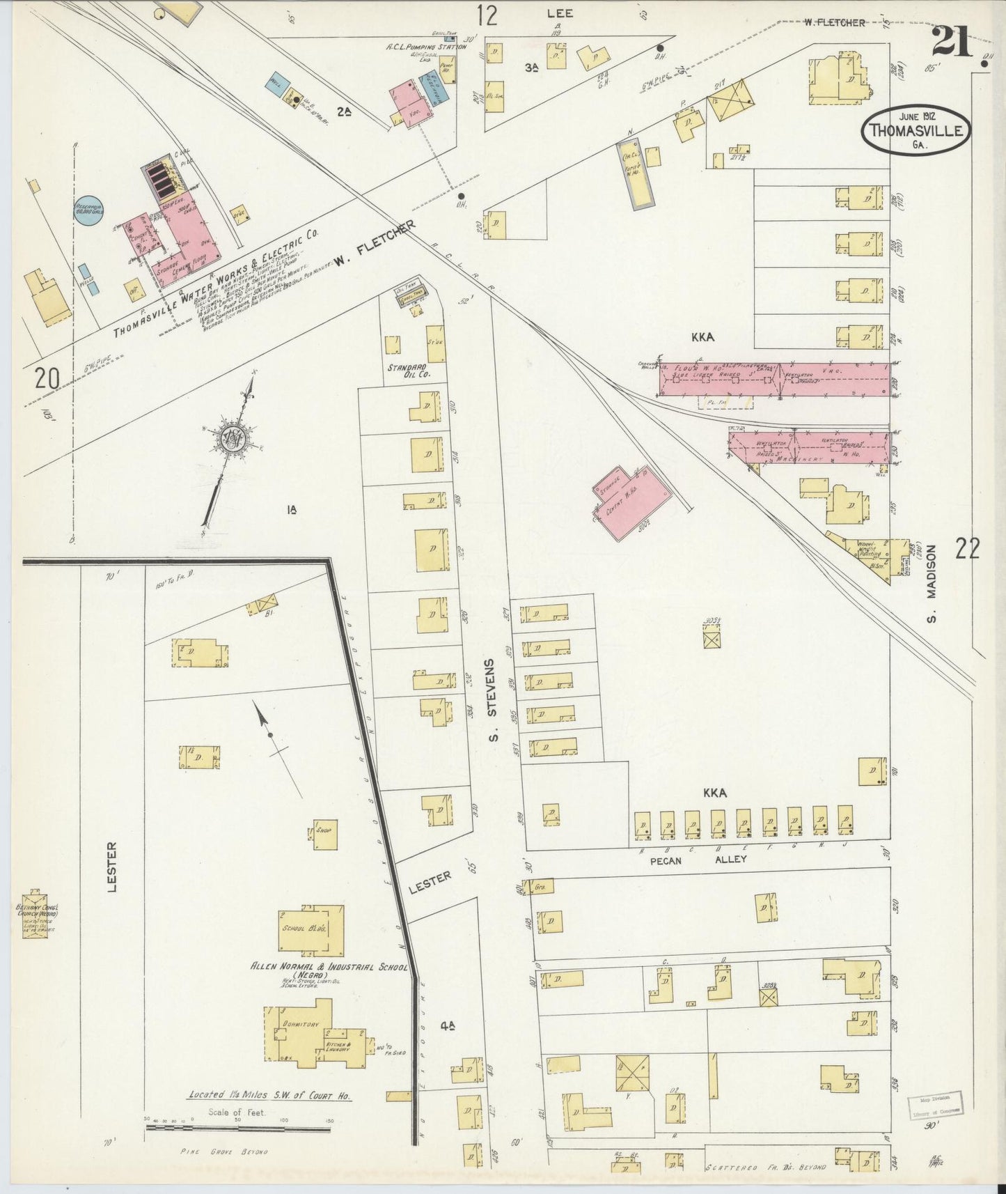 Sanborn Fire Insurance Map from Thomasville, Thomas County, Georgia (1912), Sheet #0021 - Historic Sanborn Fire Insurance Map Print, vintage old map wall art, antique decor, genealogy gift, Georgia Georgia map