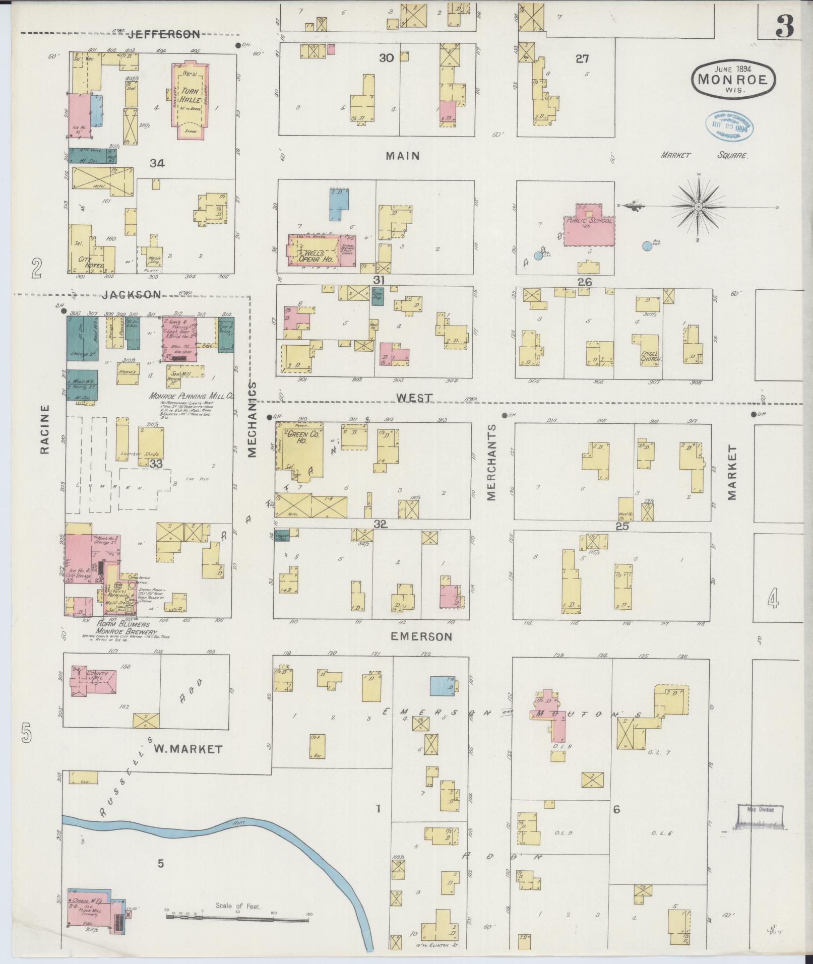 Sanborn Fire Insurance Map from Monroe, Green County, Wisconsin (1894), Sheet #0003 - Complete Map Set gallery image, historic Sanborn map, vintage wall art, Wisconsin Wisconsin