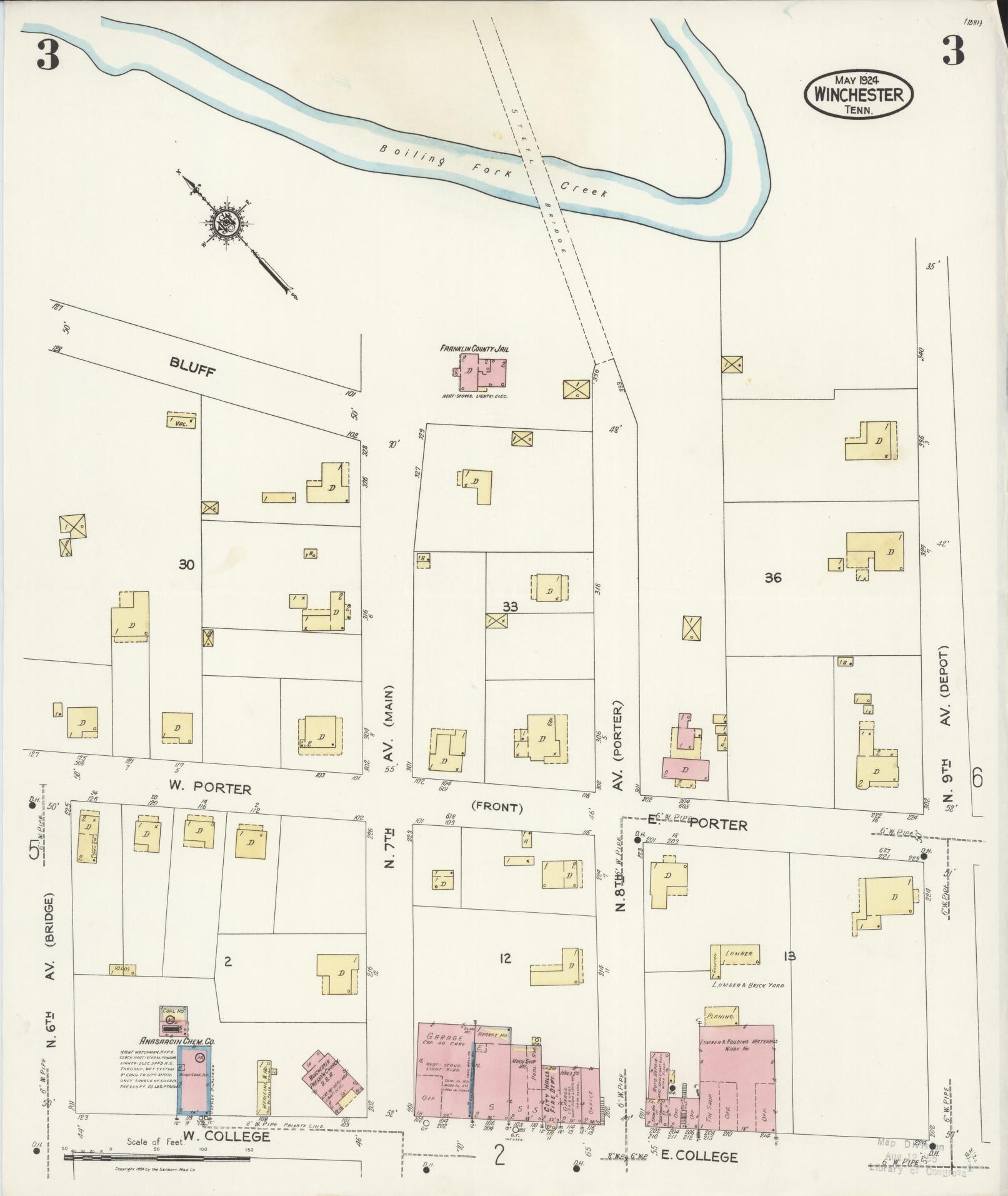 Sanborn Fire Insurance Map from Winchester, Franklin County, Tennessee (1924), Sheet #0003 - Complete Map Set gallery image, historic Sanborn map, vintage wall art, Tennessee Tennessee