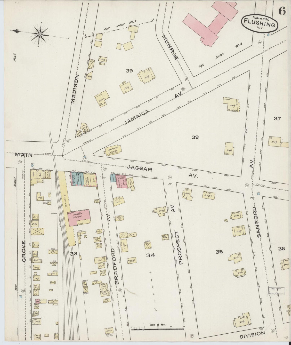 Sanborn Fire Insurance Map from Flushing, Queens County, New York (1886), Sheet #0006 - Historic Sanborn Fire Insurance Map Print, vintage old map wall art, antique decor, genealogy gift, New York New York map