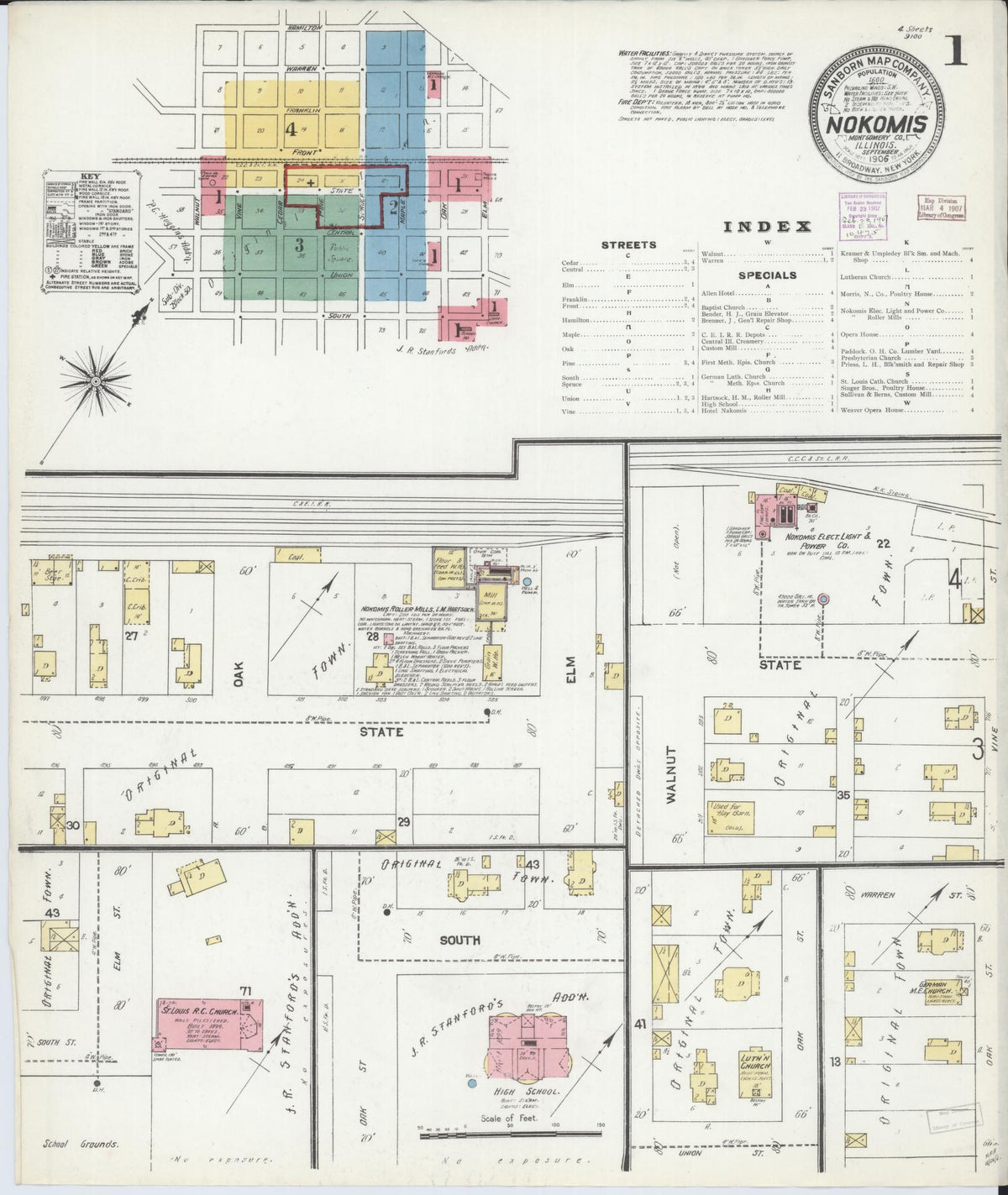 Sanborn Fire Insurance Map from Nokomis, Montgomery County, Illinois (1906), Sheet #0001 - Historic Sanborn Fire Insurance Map Print, vintage old map wall art, antique decor, genealogy gift, Illinois Illinois map