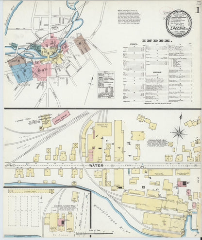 Sanborn Fire Insurance Map from Laconia, Belknap County, New Hampshire (1892), Sheet #0001 - Complete Map Set gallery image, historic Sanborn map, vintage wall art, New Hampshire New Hampshire