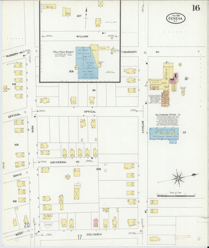 Sanborn Fire Insurance Map from Geneva, Ontario County, New York (1909), Sheet #0016 - Historic Sanborn Fire Insurance Map Print, vintage old map wall art, antique decor, genealogy gift, New York New York map