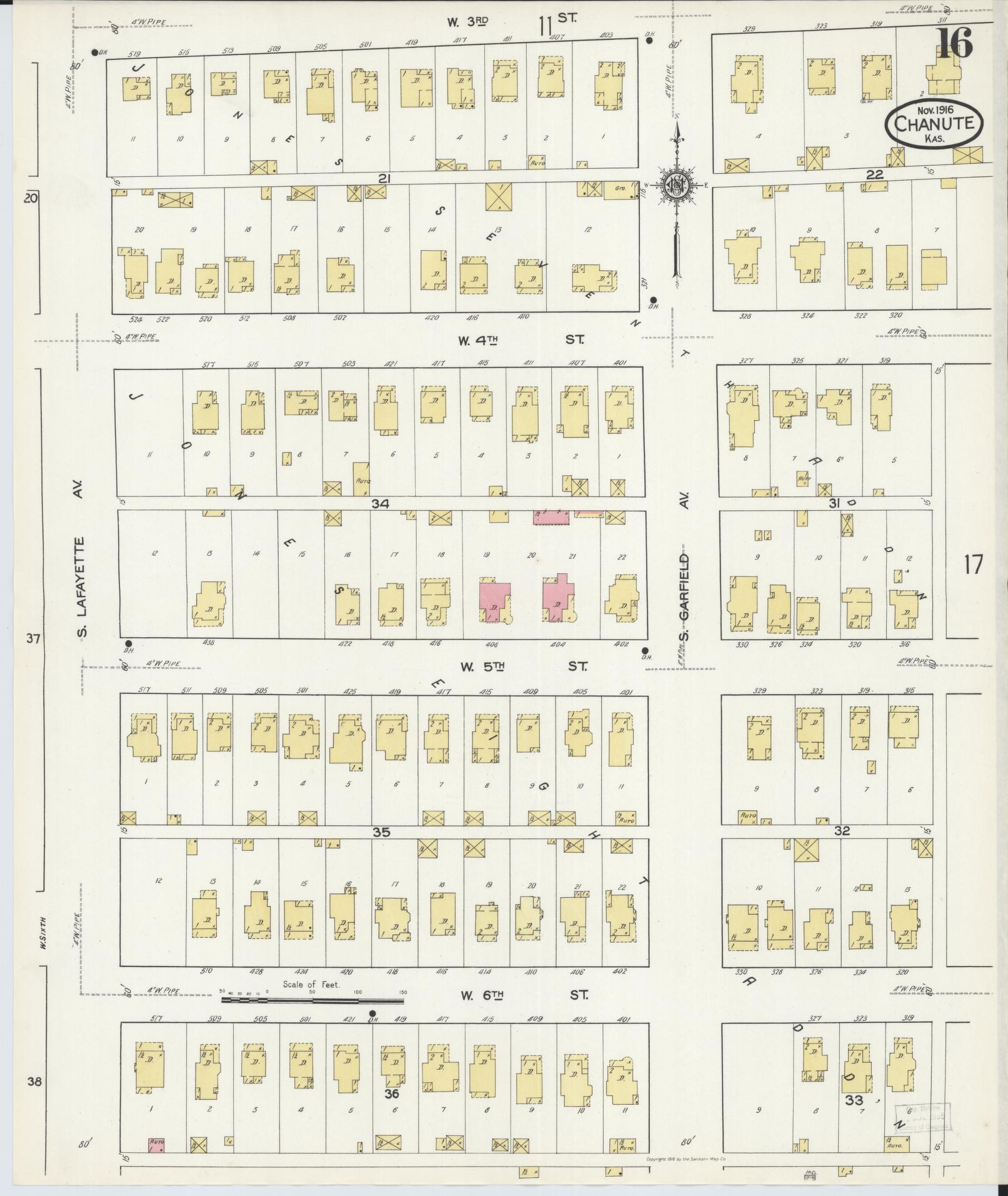 Sanborn Fire Insurance Map from Chanute, Neosho County, Kansas (1916), Sheet #0016 - Historic Sanborn Fire Insurance Map Print, vintage old map wall art, antique decor, genealogy gift, Kansas Kansas map