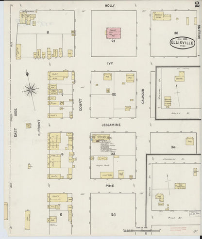 Sanborn Fire Insurance Map from Ellisville, Jones County, Mississippi (1890), Sheet #0002 - Complete Map Set gallery image, historic Sanborn map, vintage wall art, Mississippi Mississippi