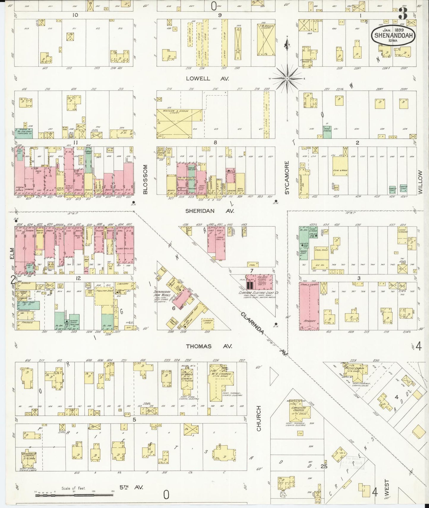 Sanborn Fire Insurance Map from Shenandoah, Page County, Iowa (1899), Sheet #0003 - Historic Sanborn Fire Insurance Map Print, vintage old map wall art