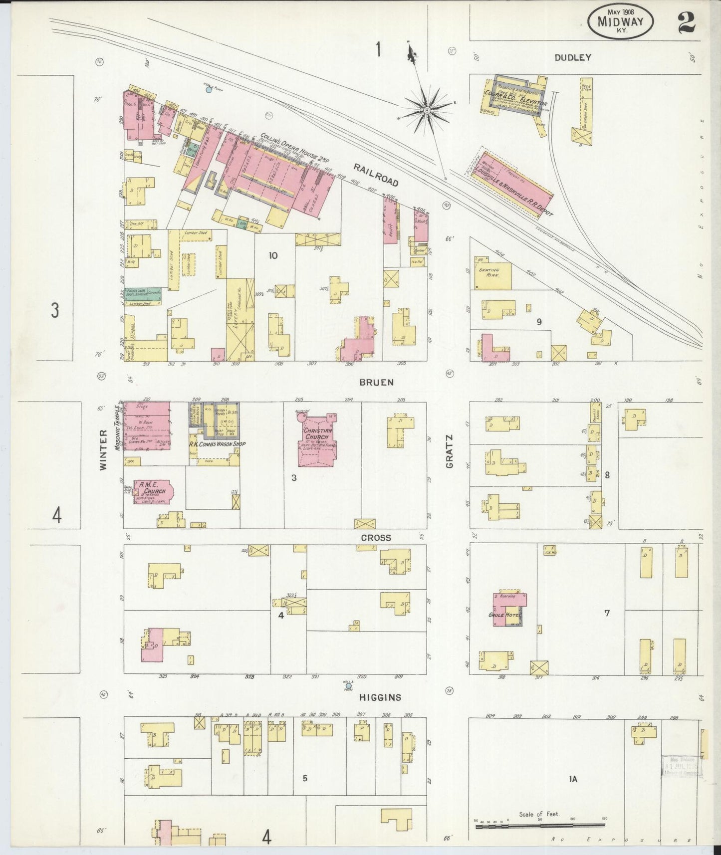 Sanborn Fire Insurance Map from Midway, Woodford County, Kentucky (1908), Sheet #0002 - Complete Map Set gallery image, historic Sanborn map, vintage wall art, Kentucky Kentucky