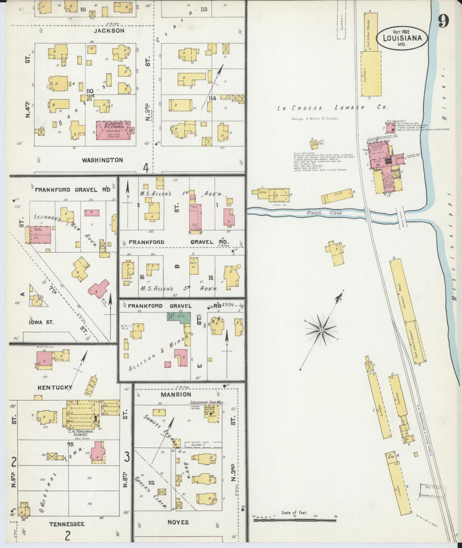 Sanborn Fire Insurance Map from Louisiana, Pike County, Missouri (1902), Sheet #0009 - Historic Sanborn Fire Insurance Map Print, vintage old map wall art, antique decor, genealogy gift, Missouri Missouri map