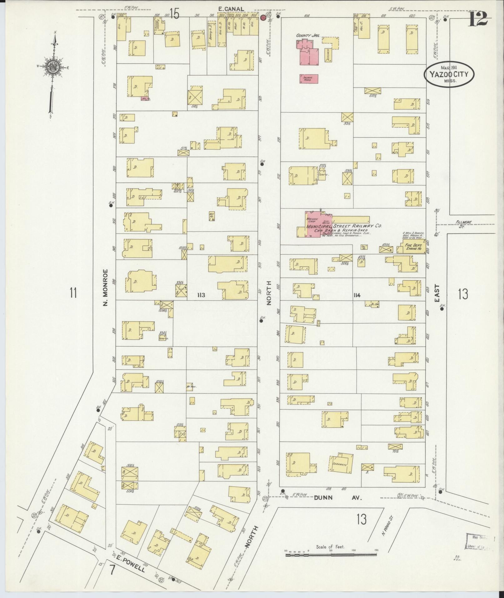 Sanborn Fire Insurance Map from Yazoo City, Yazoo County, Mississippi (1911), Sheet #0012 - Complete Map Set gallery image, historic Sanborn map, vintage wall art, Mississippi Mississippi