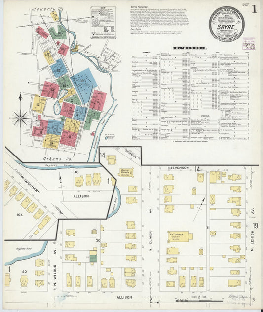 Sanborn Fire Insurance Map from Sayre, Bradford County, Pennsylvania (1909), Sheet #0001 - Historic Sanborn Fire Insurance Map Print, vintage old map wall art, antique decor, genealogy gift, Pennsylvania Pennsylvania map