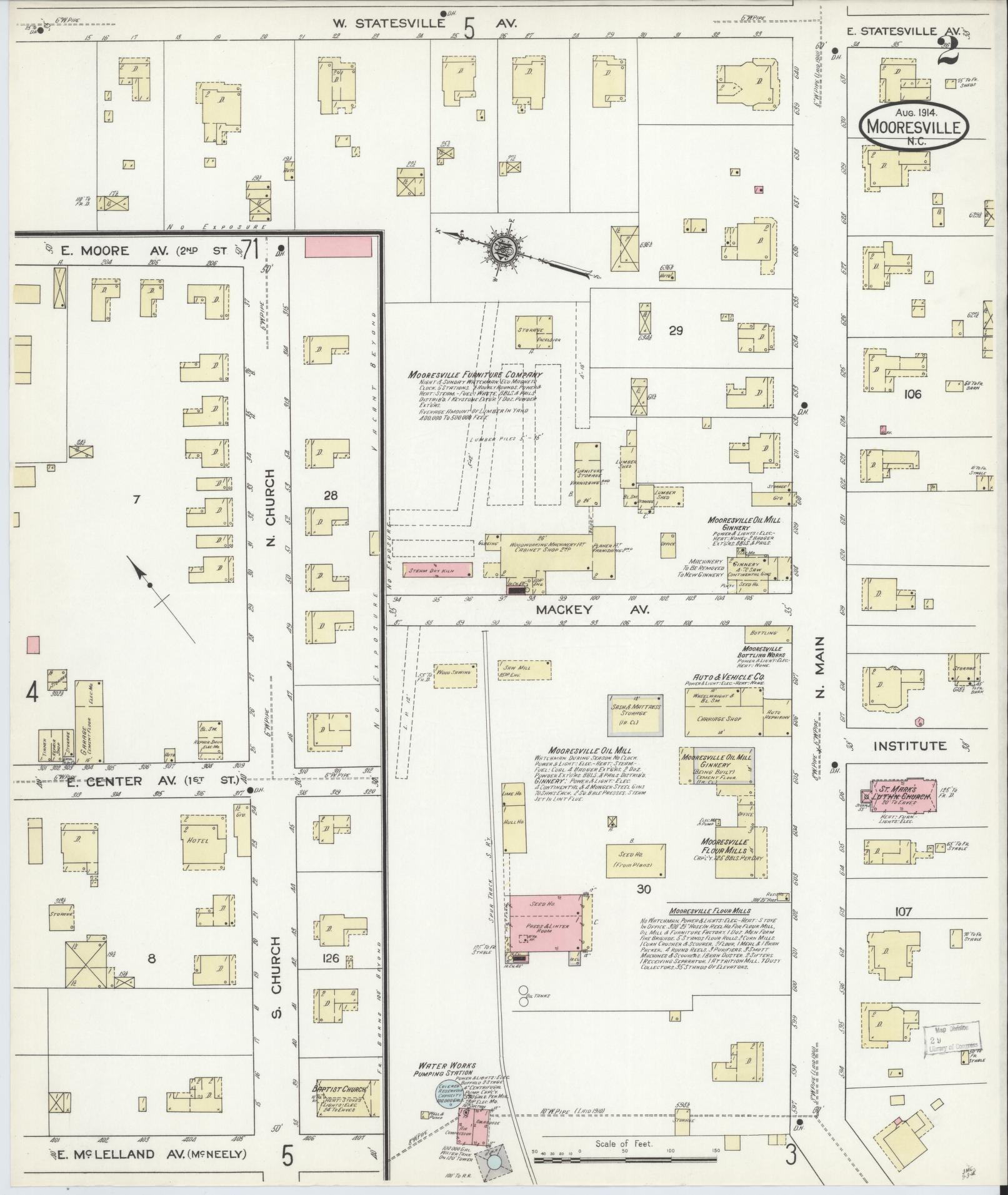 Sanborn Fire Insurance Map from Mooresville, Iredell County, North Carolina (1914), Sheet #0002 - Historic Sanborn Fire Insurance Map Print, vintage old map wall art, antique decor, genealogy gift, North Carolina North Carolina map