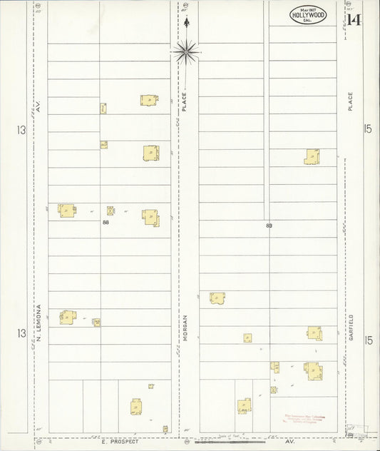 Sanborn Fire Insurance Map from Hollywood, Los Angeles County, California (1907), Sheet #0014 - Historic Sanborn Fire Insurance Map Print, vintage old map wall art, antique decor, genealogy gift, California California map