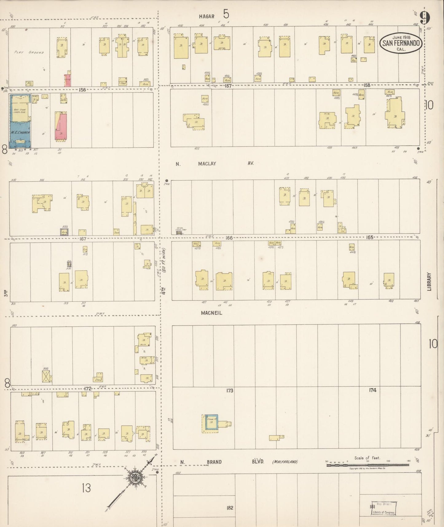Sanborn Fire Insurance Map from San Fernando, Los Angeles County, California (1918), Sheet #0009 - Complete Map Set gallery image, historic Sanborn map, vintage wall art, California California