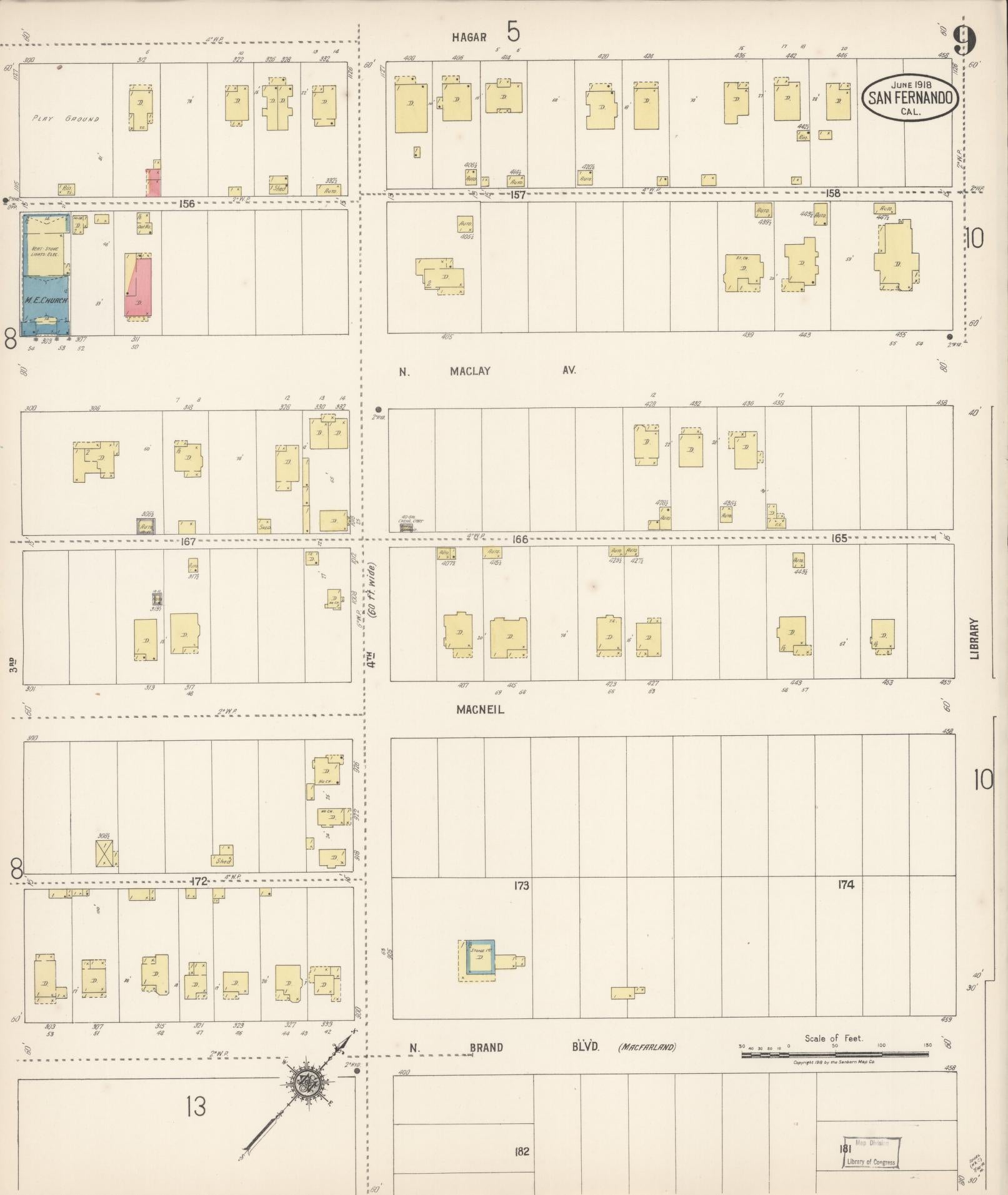 Sanborn Fire Insurance Map from San Fernando, Los Angeles County, California (1918), Sheet #0009 - Complete Map Set gallery image, historic Sanborn map, vintage wall art, California California