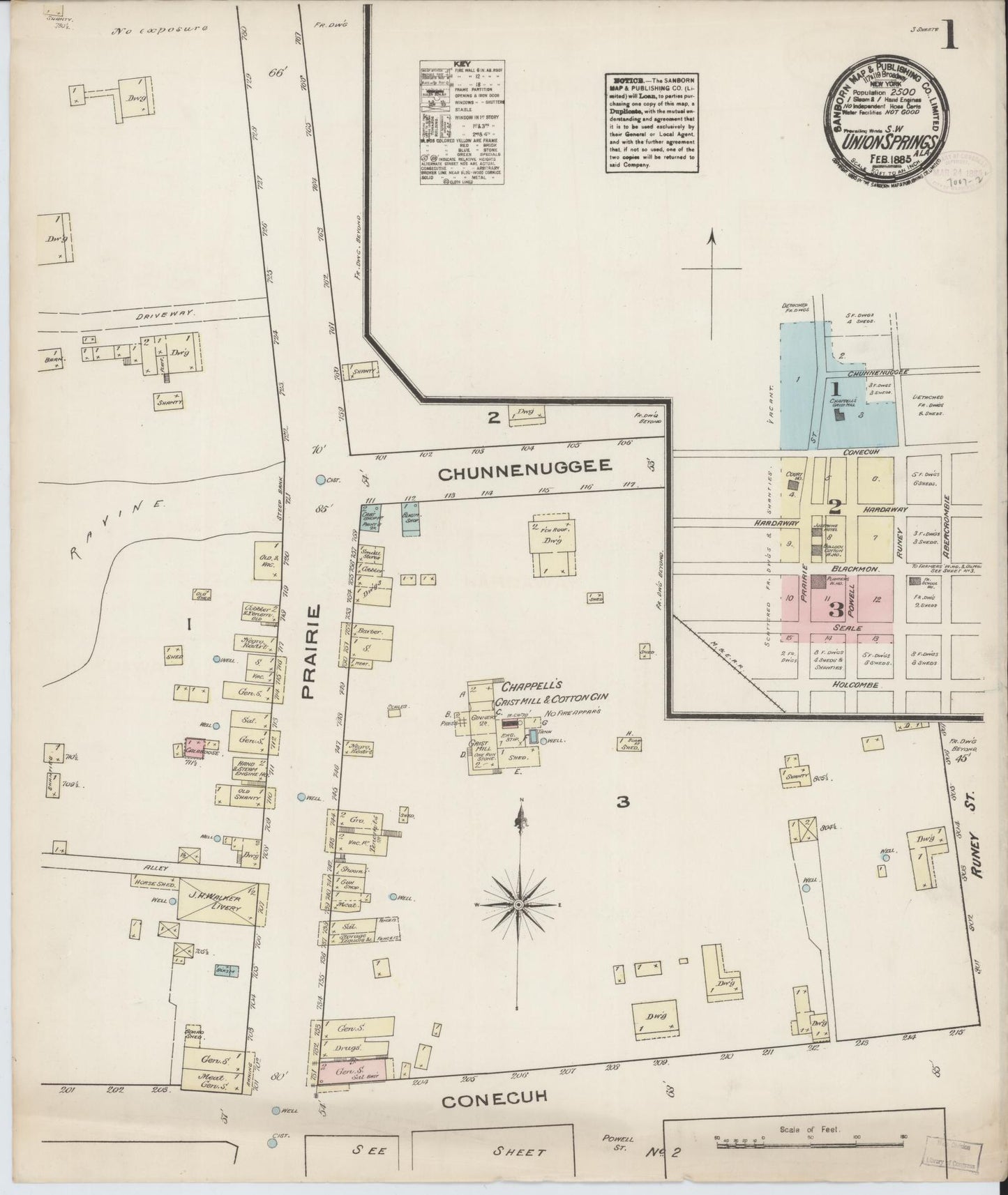 Sanborn Fire Insurance Map from Union Springs, Bullock County, Alabama (1885), Sheet #0001 - Complete Map Set gallery image, historic Sanborn map, vintage wall art, Alabama Alabama