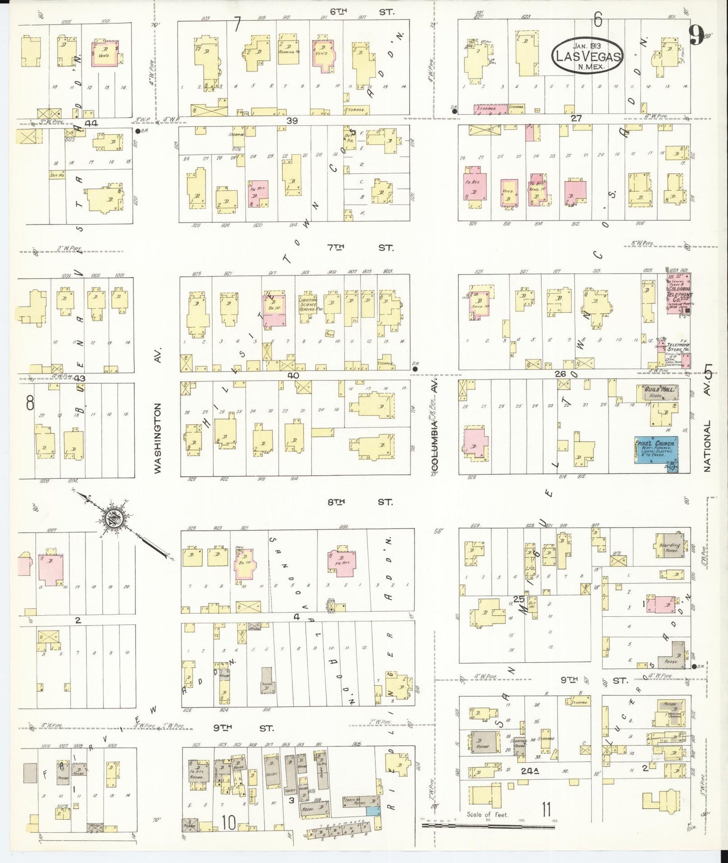Sanborn Fire Insurance Map from Las Vegas, San Miguel County, New Mexico (1913), Sheet #0009 - Complete Map Set gallery image, historic Sanborn map, vintage wall art, New Mexico New Mexico