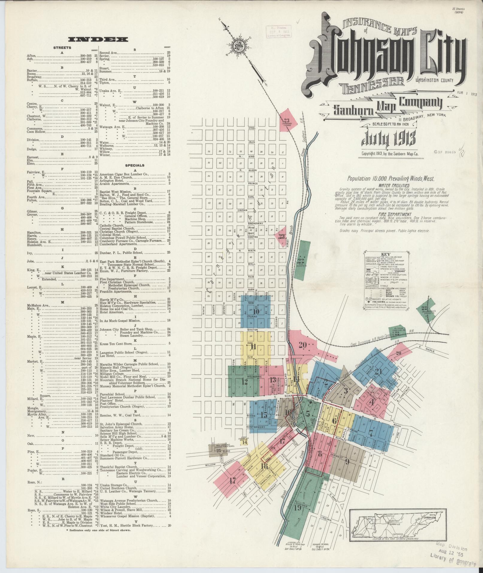 Sanborn Fire Insurance Map from Johnson City, Washington County, Tennessee (1913), Sheet #0001 - Complete Map Set gallery image, historic Sanborn map, vintage wall art, Tennessee Tennessee