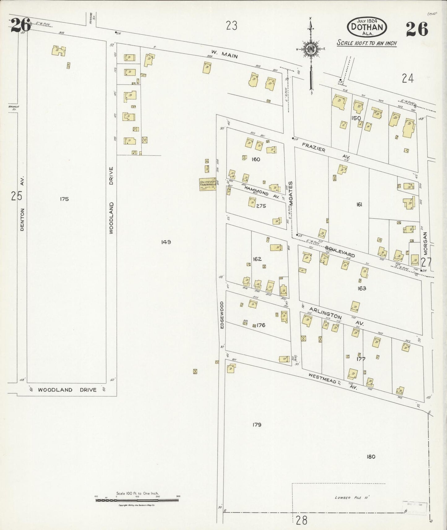 Sanborn Fire Insurance Map from Dothan, Houston County, Alabama (1924), Sheet #0026 - Historic Sanborn Fire Insurance Map Print, vintage old map wall art, antique decor, genealogy gift, Alabama Alabama map
