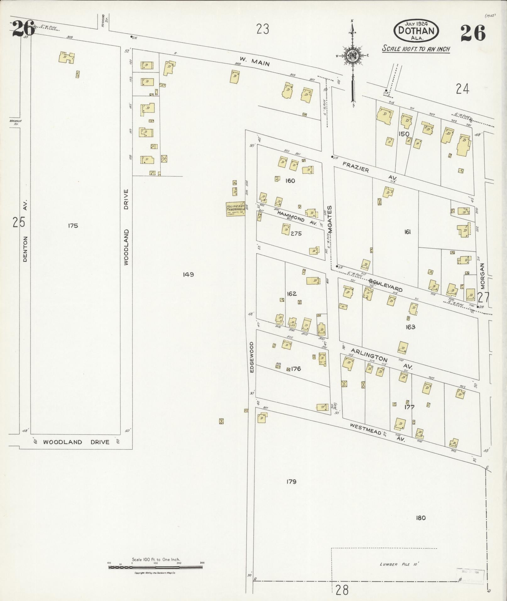 Sanborn Fire Insurance Map from Dothan, Houston County, Alabama (1924), Sheet #0026 - Historic Sanborn Fire Insurance Map Print, vintage old map wall art, antique decor, genealogy gift, Alabama Alabama map