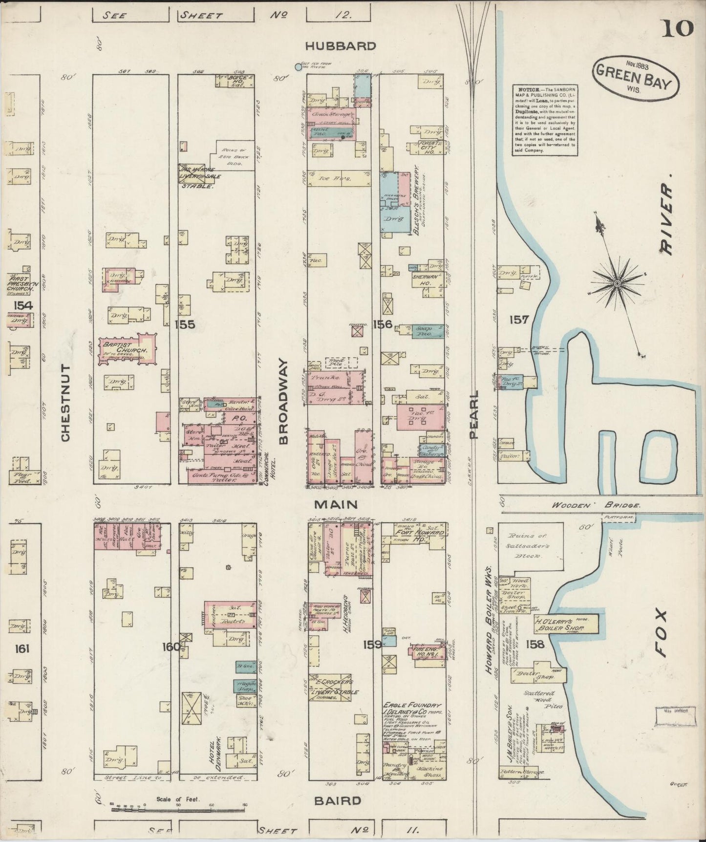 Sanborn Fire Insurance Map from Green Bay, Brown County, Wisconsin (1883), Sheet #0010 - Complete Map Set gallery image, historic Sanborn map, vintage wall art, Wisconsin Wisconsin
