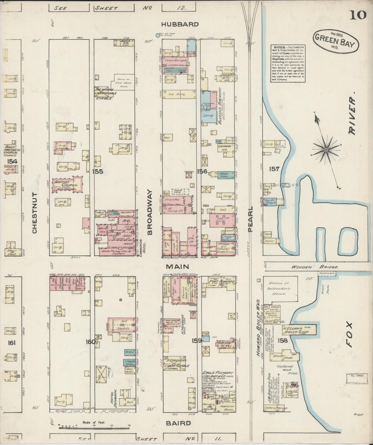 Sanborn Fire Insurance Map from Green Bay, Brown County, Wisconsin (1883), Sheet #0010 - Complete Map Set gallery image, historic Sanborn map, vintage wall art, Wisconsin Wisconsin