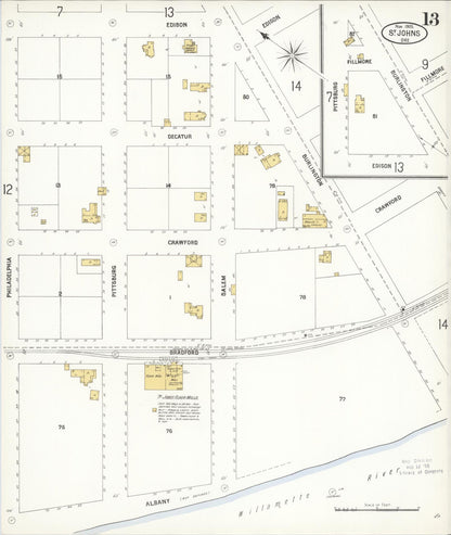 Sanborn Fire Insurance Map from Saint Johns, Multnomah County, Oregon (1905), Sheet #0013 - Complete Map Set gallery image, historic Sanborn map, vintage wall art, Oregon Oregon