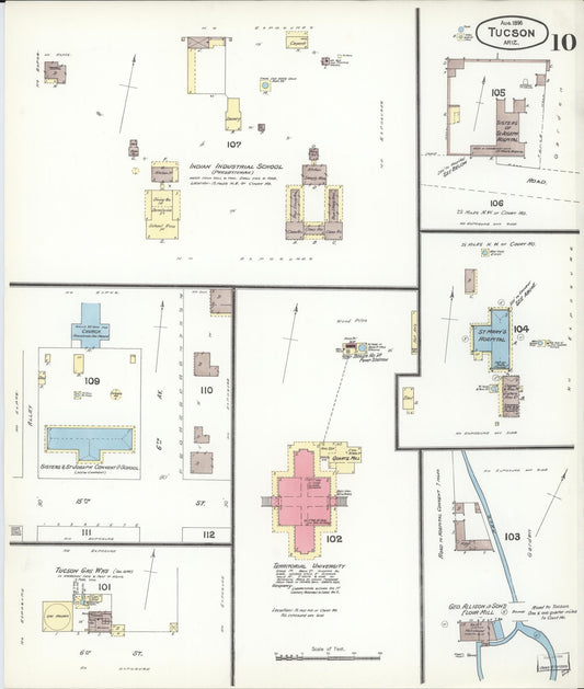 Sanborn Fire Insurance Map from Tucson, Pima County, Arizona (1896), Sheet #0010 - Historic Sanborn Fire Insurance Map Print, vintage old map wall art, antique decor, genealogy gift, Arizona Arizona map