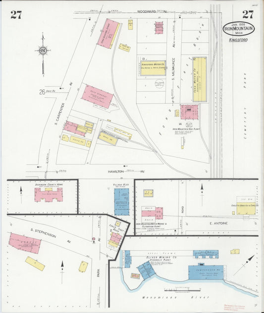 Sanborn Fire Insurance Map from Iron Mountain, Dickinson County, Michigan (1930), Sheet #0027 - Historic Sanborn Fire Insurance Map Print, vintage old map wall art, antique decor, genealogy gift, Michigan Michigan map