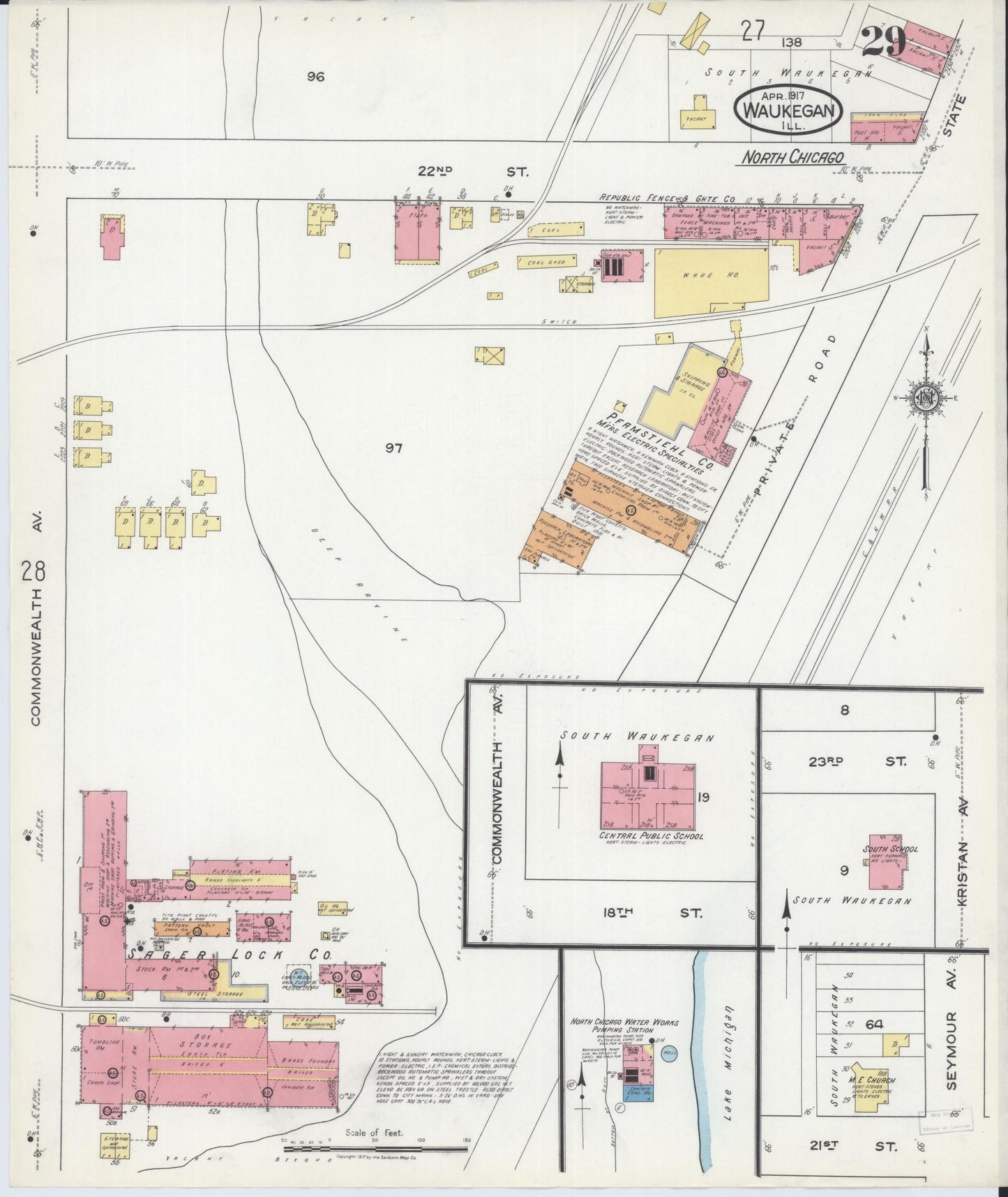 Sanborn Fire Insurance Map from Waukegan, Lake County, Illinois (1917), Sheet #0029 - Historic Sanborn Fire Insurance Map Print, vintage old map wall art, antique decor, genealogy gift, Illinois Illinois map