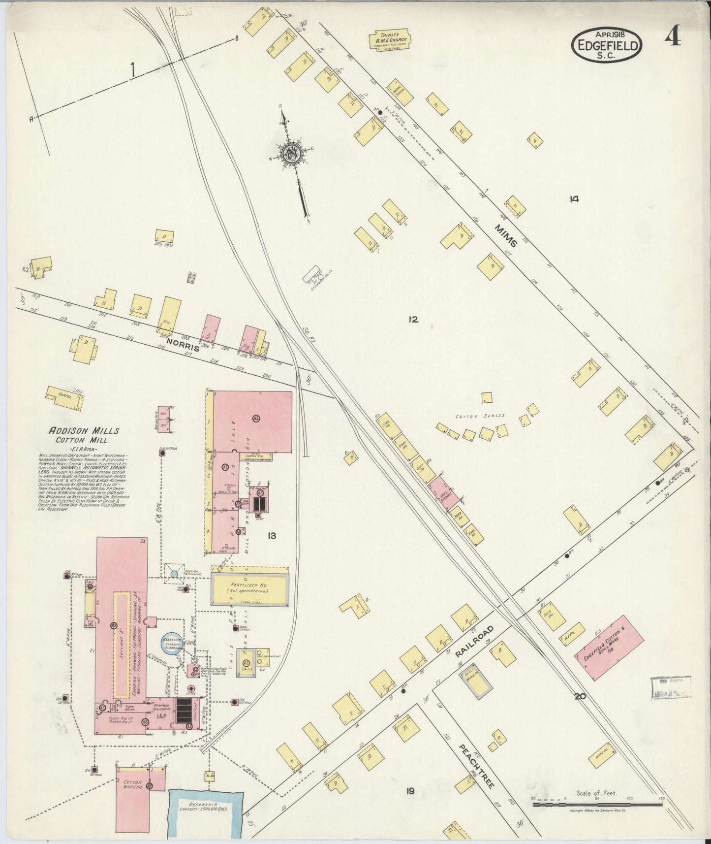 Sanborn Fire Insurance Map from Edgefield, Edgefield County, South Carolina (1918), Sheet #0004 - Historic Sanborn Fire Insurance Map Print, vintage old map wall art, antique decor, genealogy gift, South Carolina South Carolina map