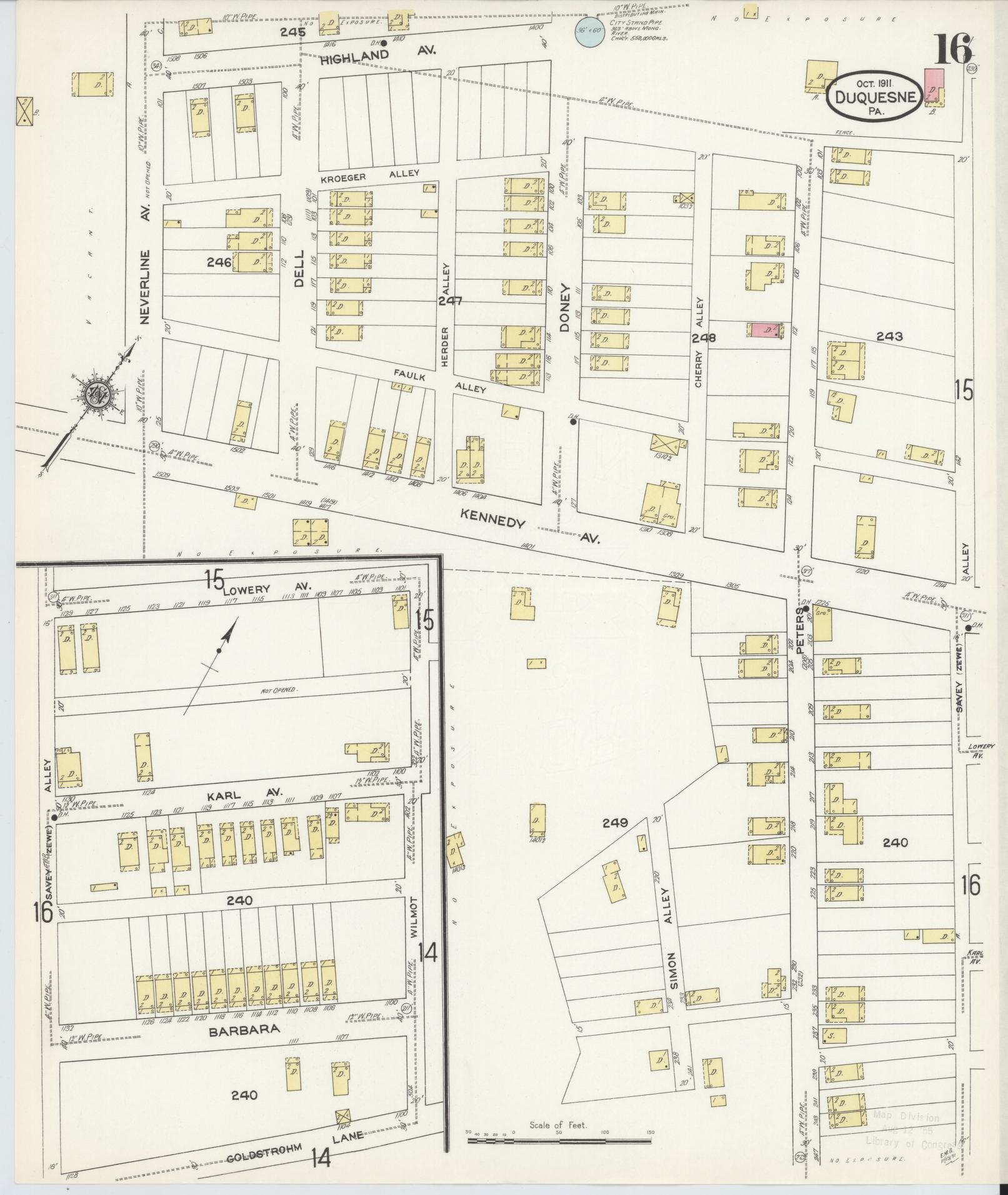 Sanborn Fire Insurance Map from Duquesne, Allegheny County, Pennsylvania (1911), Sheet #0016 - Historic Sanborn Fire Insurance Map Print, vintage old map wall art, antique decor, genealogy gift, Pennsylvania Pennsylvania map