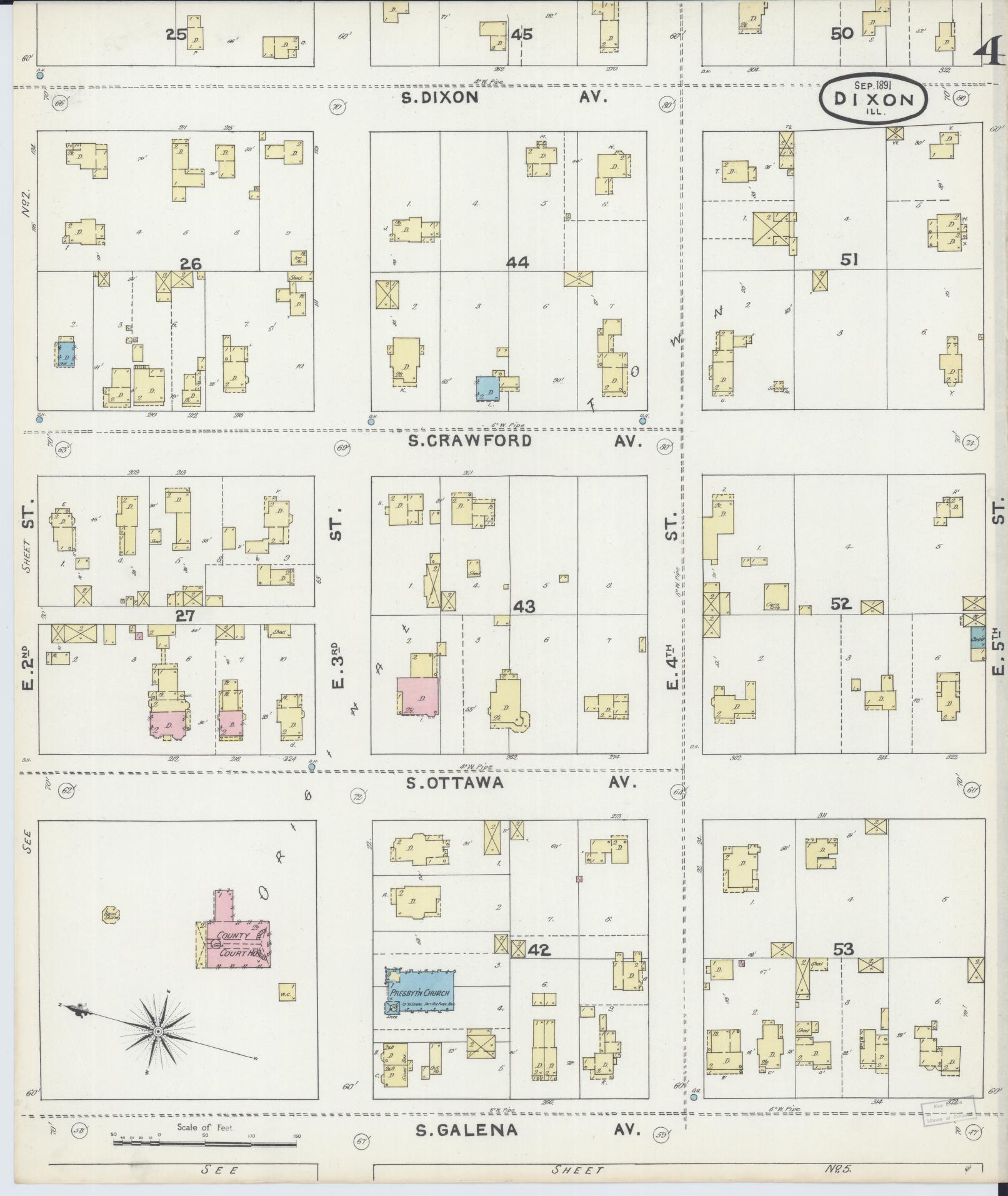 Sanborn Fire Insurance Map from Dixon, Lee County, Illinois (1891), Sheet #0004 - Complete Map Set gallery image, historic Sanborn map, vintage wall art, Illinois Illinois