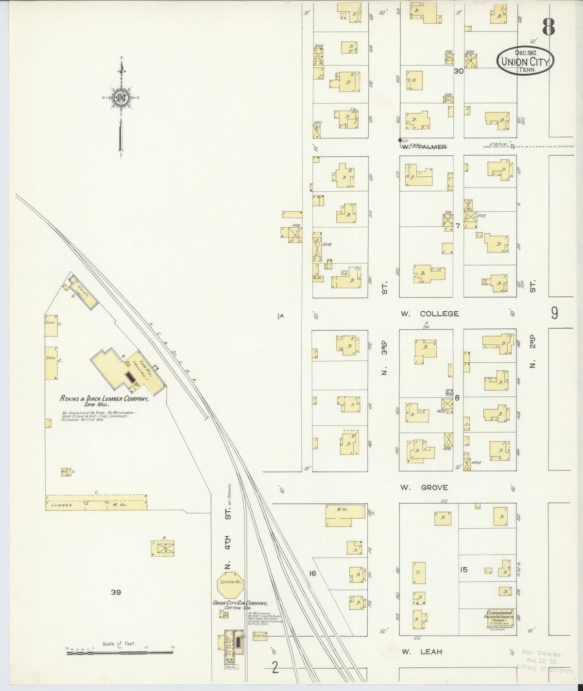 Sanborn Fire Insurance Map from Union City, Obion County, Tennessee (1912), Sheet #0008 - Historic Sanborn Fire Insurance Map Print, vintage old map wall art, antique decor, genealogy gift, Tennessee Tennessee map