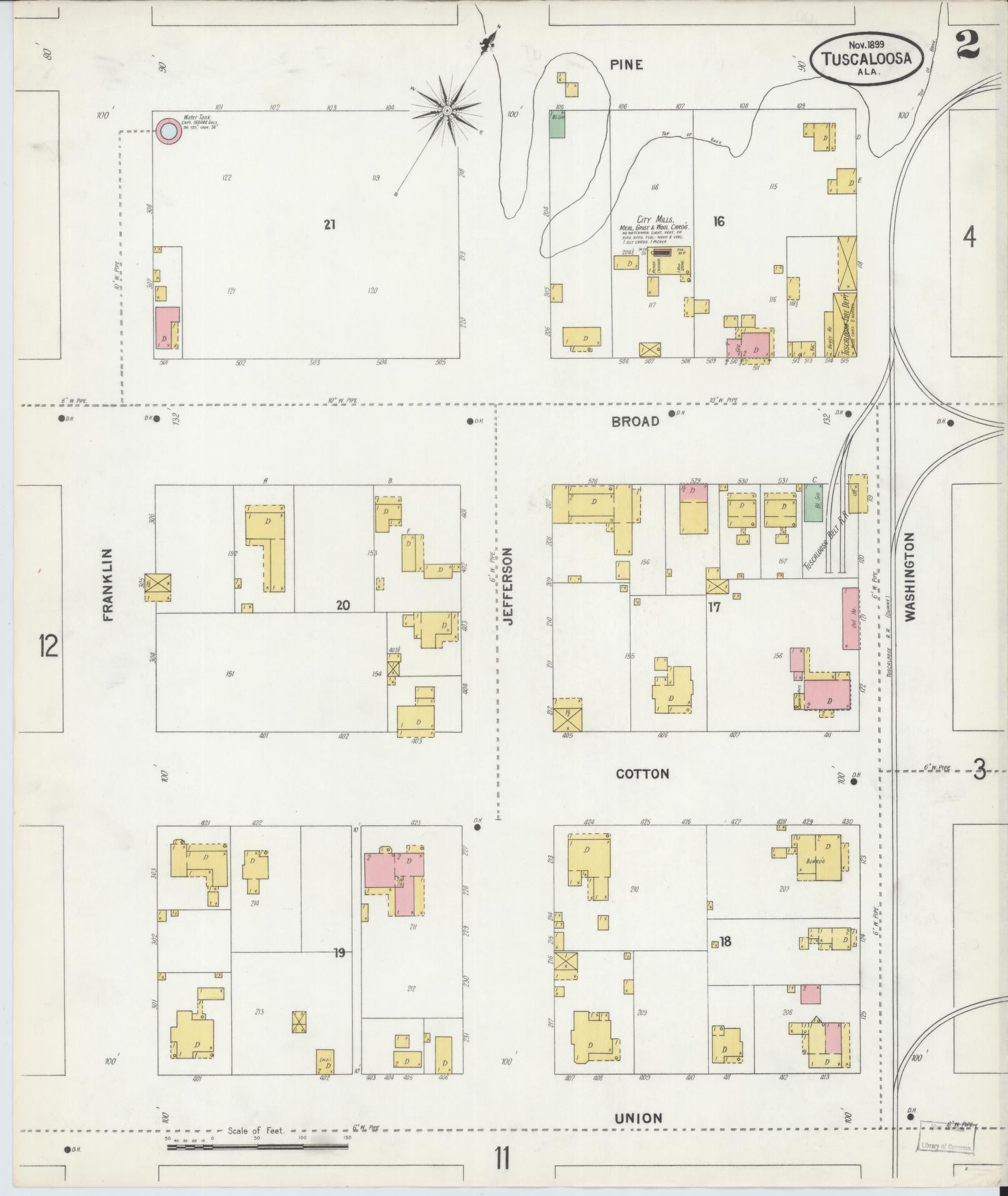 Sanborn Fire Insurance Map from Tuscaloosa, Tuscaloosa County, Alabama (1899), Sheet #0002 - Historic Sanborn Fire Insurance Map Print, vintage old map wall art, antique decor, genealogy gift, Alabama Alabama map