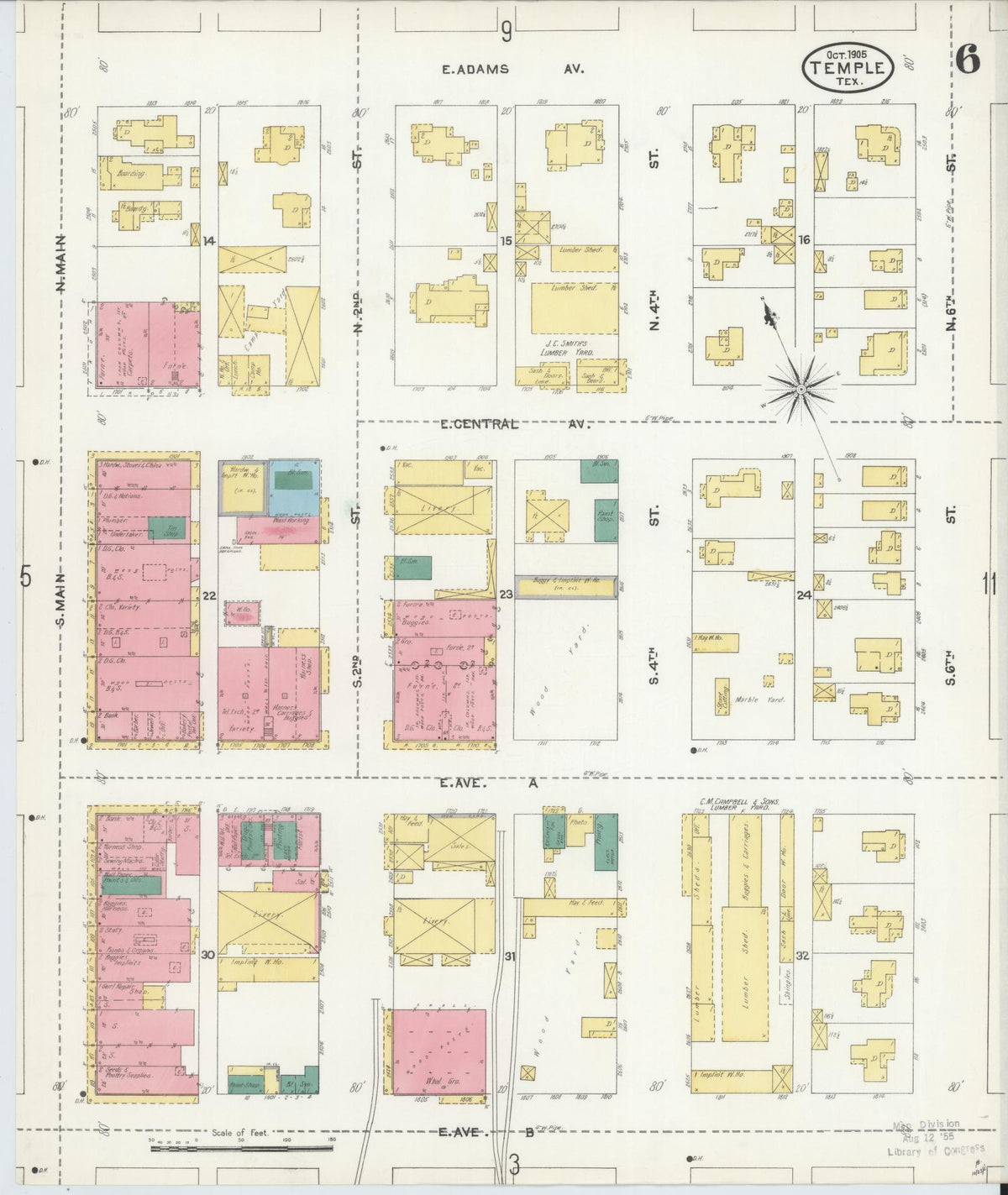 Sanborn Fire Insurance Map from Temple, Bell County, Texas (1905), Sheet #0006 - Complete Map Set gallery image, historic Sanborn map, vintage wall art, Texas Texas