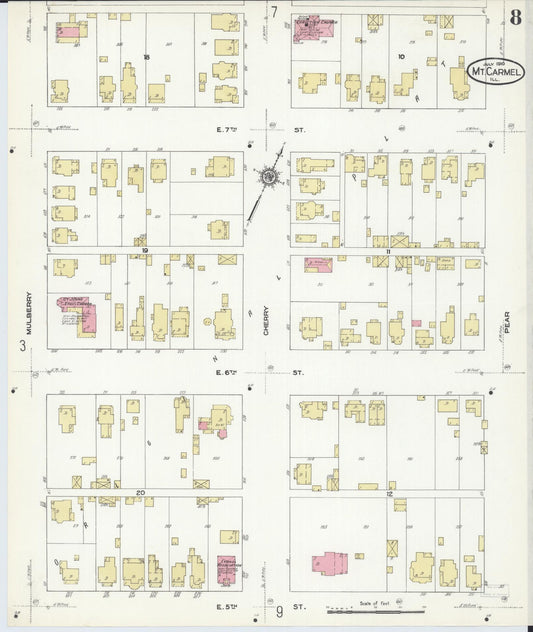 Sanborn Fire Insurance Map from Mount Carmel, Wabash County, Illinois (1910), Sheet #0008 - Historic Sanborn Fire Insurance Map Print, vintage old map wall art, antique decor, genealogy gift, Illinois Illinois map