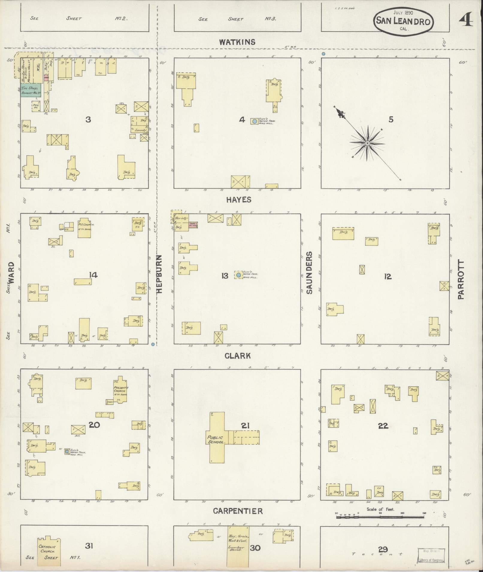 Sanborn Fire Insurance Map from San Leandro, Alameda County, California (1890), Sheet #0004 - Complete Map Set gallery image, historic Sanborn map, vintage wall art, California California