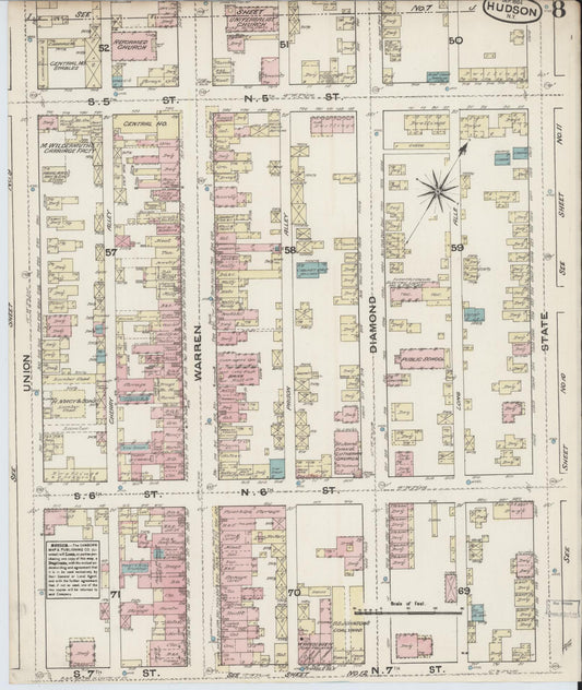 Sanborn Fire Insurance Map from Hudson, Columbia County, New York (1884), Sheet #0008 - Historic Sanborn Fire Insurance Map Print, vintage old map wall art, antique decor, genealogy gift, New York New York map