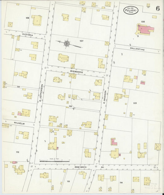 Sanborn Fire Insurance Map from Pulaski, Giles County, Tennessee (1910), Sheet #0006 - Historic Sanborn Fire Insurance Map Print, vintage old map wall art, antique decor, genealogy gift, Tennessee Tennessee map
