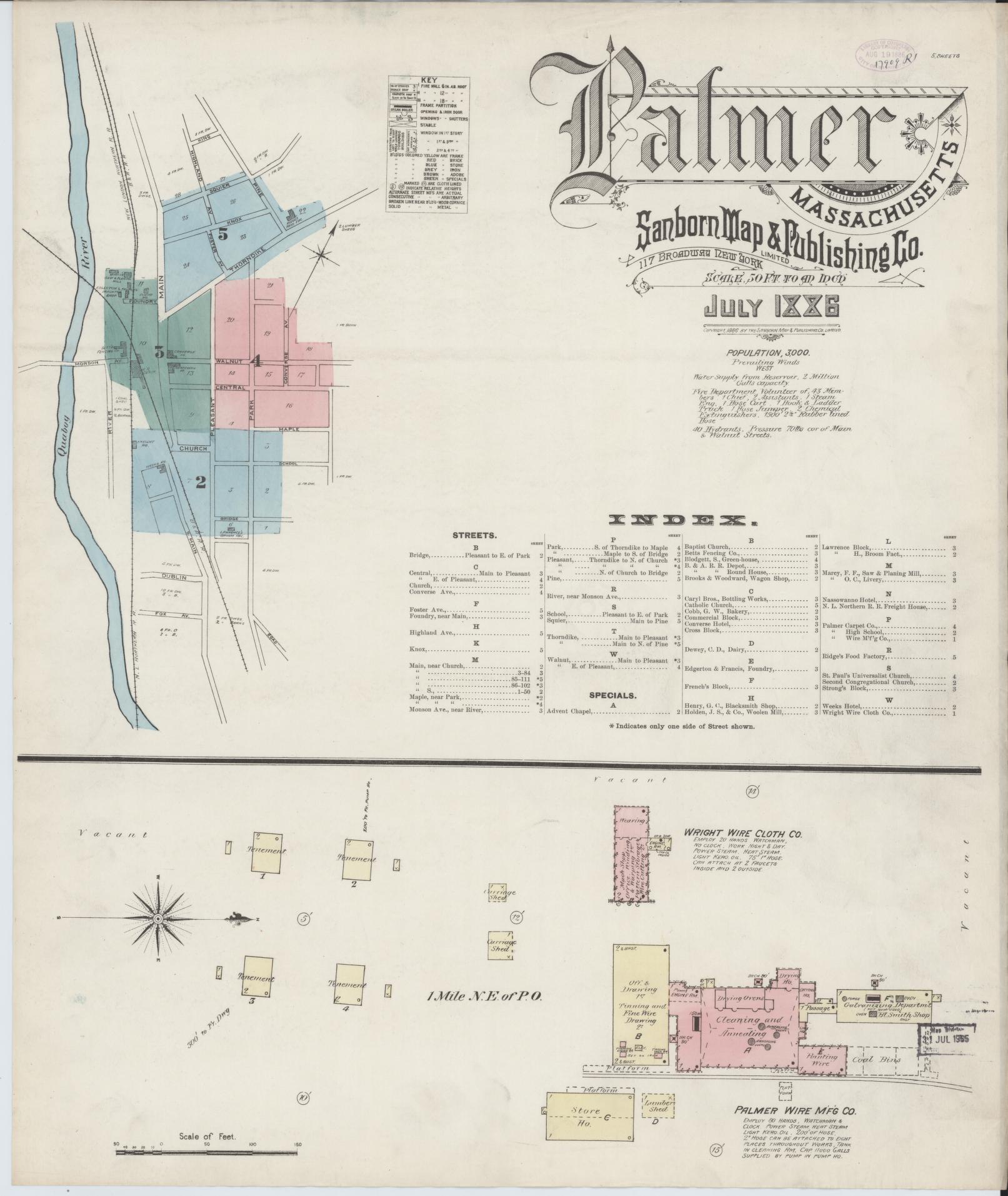 Sanborn Fire Insurance Map from Palmer, Hampden County, Massachusetts (1886), Sheet #0001 - Historic Sanborn Fire Insurance Map Print, vintage old map wall art, antique decor, genealogy gift, Massachusetts Massachusetts map