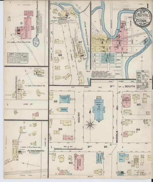 Sanborn Fire Insurance Map from Elyria, Lorain County, Ohio (1884), Sheet #0001 - Historic Sanborn Fire Insurance Map Print, vintage old map wall art, antique decor, genealogy gift, Ohio Ohio map