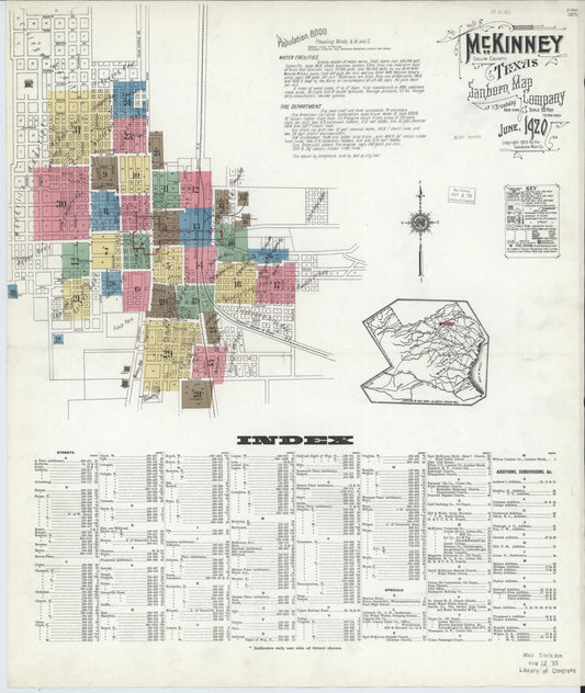 Sanborn Fire Insurance Map from McKinney, Collin County, Texas (1920), Sheet #0001 - Historic Sanborn Fire Insurance Map Print, vintage old map wall art, antique decor, genealogy gift, Texas Texas map