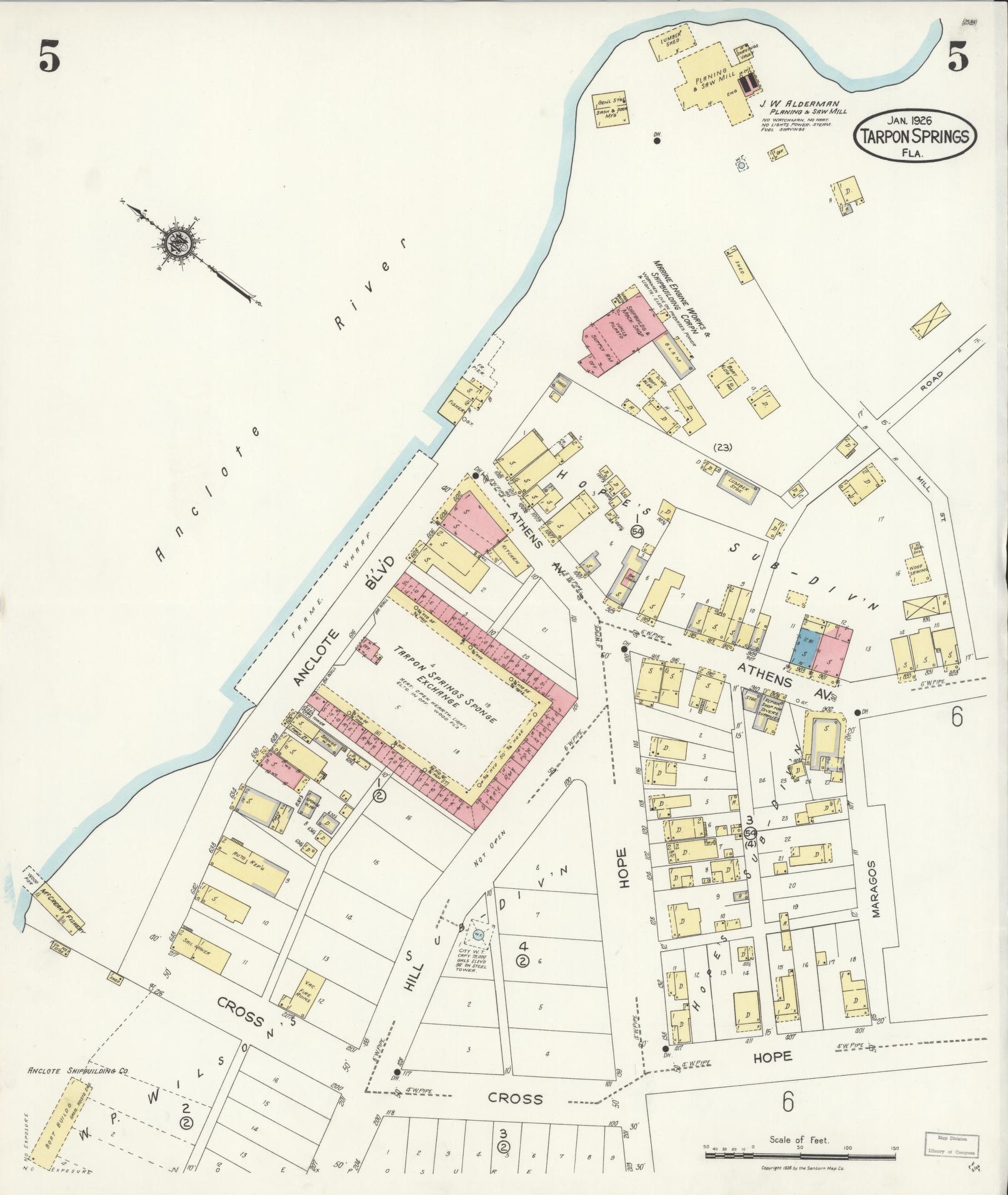 Sanborn Fire Insurance Map from Tarpon Springs, Pinellas County, Florida (1926), Sheet #0005 - Complete Map Set gallery image, historic Sanborn map, vintage wall art, Florida Florida