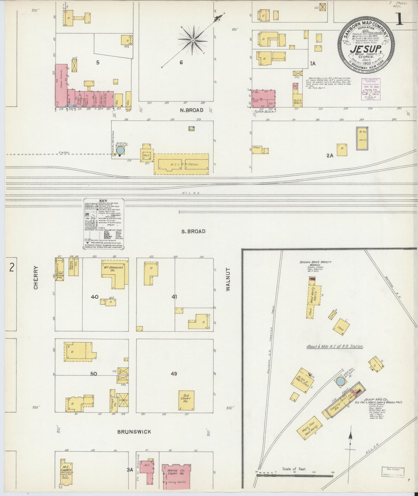 Sanborn Fire Insurance Map from Jesup, Wayne County, Georgia (1903), Sheet #0001 - Historic Sanborn Fire Insurance Map Print, vintage old map wall art, antique decor, genealogy gift, Georgia Georgia map