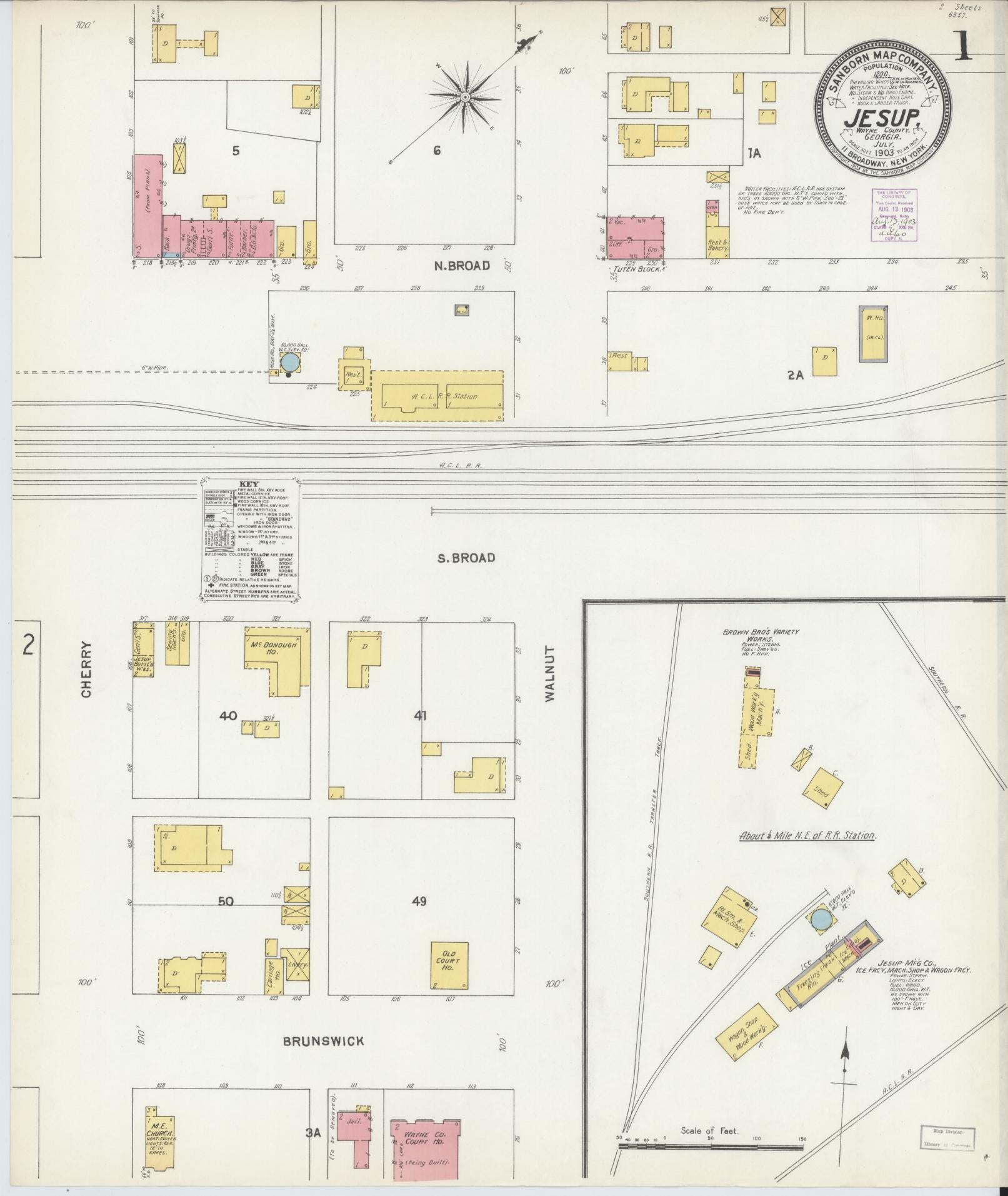 Sanborn Fire Insurance Map from Jesup, Wayne County, Georgia (1903), Sheet #0001 - Historic Sanborn Fire Insurance Map Print, vintage old map wall art, antique decor, genealogy gift, Georgia Georgia map