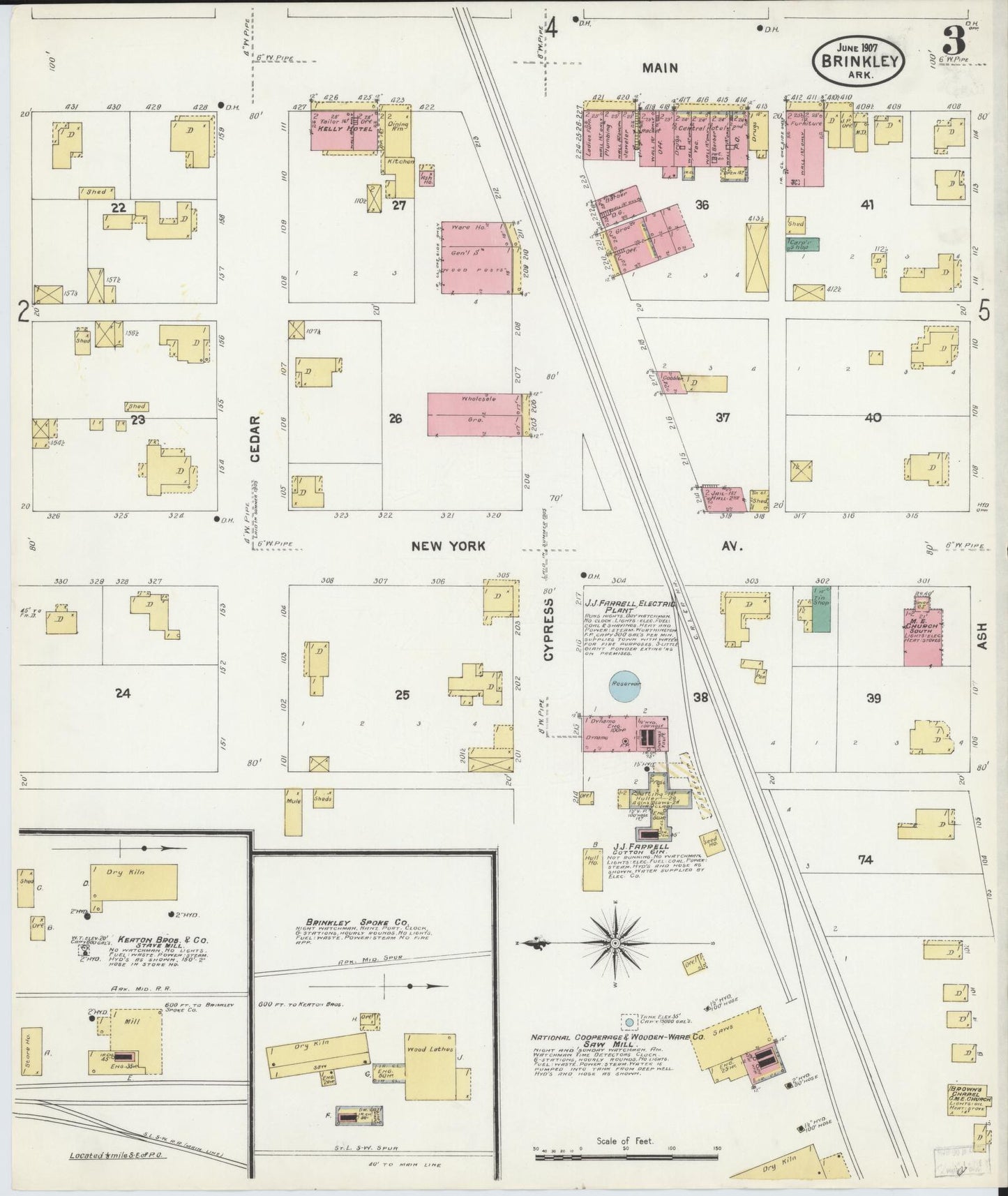Sanborn Fire Insurance Map from Brinkley, Monroe County, Arkansas (1907), Sheet #0003 - Complete Map Set gallery image, historic Sanborn map, vintage wall art, Arkansas Arkansas